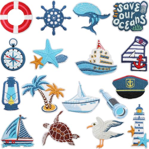 18 Stück Ocean Anchor Aufnäher zum Aufnähen / Aufbügeln, Reparaturapplikation, Cartoon-Ozeanschiff, bestickte Patches für T-Shirts, Jacken, Jeans, Westen, Hüte, Rucksäcke von MAHAI