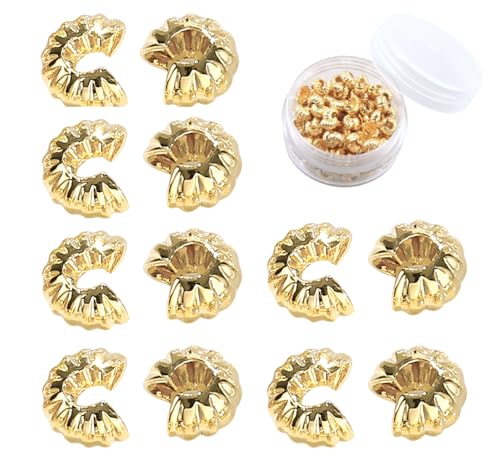 1 Box mit 100 Stück Messing mit echt-vergoldeter offener halbrunder Quetschperlenabdeckung für DIY-Schmuckherstellung (14 Karat Gold) von MAHAVIMOKSA