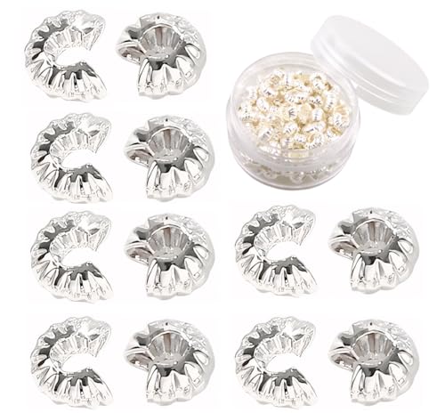 1 Box mit 100 Stück Messing mit echt-vergoldeter offener halbrunder Quetschperlenabdeckung für DIY-Schmuckherstellung (Silber) von MAHAVIMOKSA