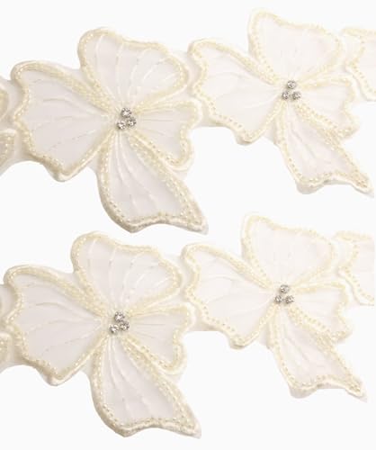 20 Stück 3D-Strass-Perlen, Organza-Blume, Spitzenbordüre, Blumen-Applikation zum Nähen, Hochzeitskleid, Bekleidungszubehör, Dekoration (Elfenbein) von MAHAVIMOKSA