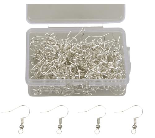 MAHAVIMOKSA 1 Box 200 Stück Metall-Ohrringhaken Fischhaken Ohrringe Ohrdrähte mit Kugel und Spule mit Behälter für DIY Handwerk Schmuckherstellung (Silber) von MAHAVIMOKSA