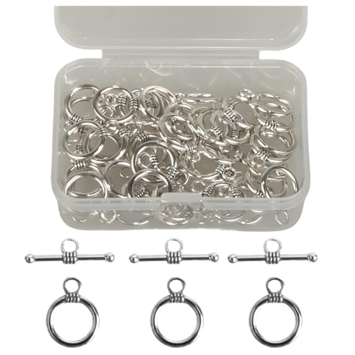 MAHAVIMOKSA 1 Box 50 Sets 16 mm runde OT-Knebelverschlüsse, OT-Endverschlüsse, Verbindungsstange für Armband, Halskette, Schmuckherstellung (Antiksilber) von MAHAVIMOKSA