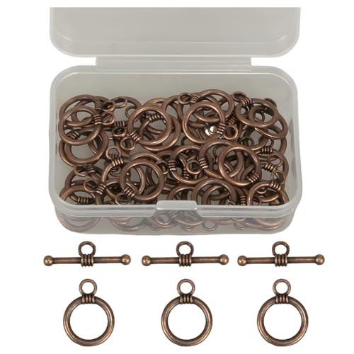 MAHAVIMOKSA 1 Box 50 Sets 16 mm runde OT-Knebelverschlüsse, OT-Endverschlüsse, Verbindungsstange für Armband, Halskette, Schmuckherstellung (Rotbronze) von MAHAVIMOKSA