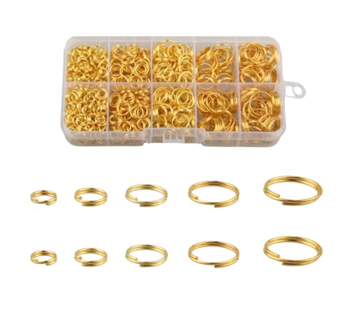 MAHAVIMOKSA 1 Box gemischte 6/8/10/12/14 mm Spaltringe, Doppelschlaufen-Biegeringe, Verbindungsstück, Mini-Schlüsselanhänger für DIY-Schmuckherstellung, Kunsthandwerk (Gold) von MAHAVIMOKSA