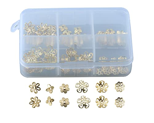 MAHAVIMOKSA 1 Box mit 120 Stück 14 Karat echt-vergoldeten filigranen Blumen-Perlenkappen für DIY-Schmuckherstellung, Halsketten, Armbänder, Ohrringe, Kunsthandwerk (gemischte 6 Stile) von MAHAVIMOKSA