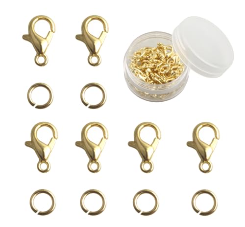 MAHAVIMOKSA 1 Box mit 50 echten, beschichteten Karabinerverschlüssen und 100 offenen Binderingen für Bastelarbeiten, Armbänder, Halsketten, Schmuckherstellung (14 Karat Gold) von MAHAVIMOKSA