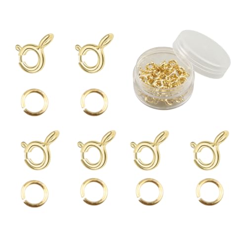 MAHAVIMOKSA 1 Box mit 50 echten, offenen Federring-Verschlüssen und 100 offene Binderinge für Bastelarbeiten, Schmuckherstellung (14 Karat Gold) von MAHAVIMOKSA
