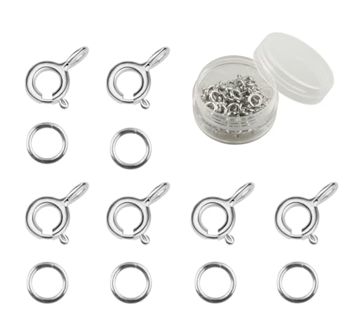 MAHAVIMOKSA 1 Box mit 50 echten beschichteten offenen Federring-Verschlüssen und 100 offene Binderinge für Bastelarbeiten, Schmuckherstellung (Platin) von MAHAVIMOKSA