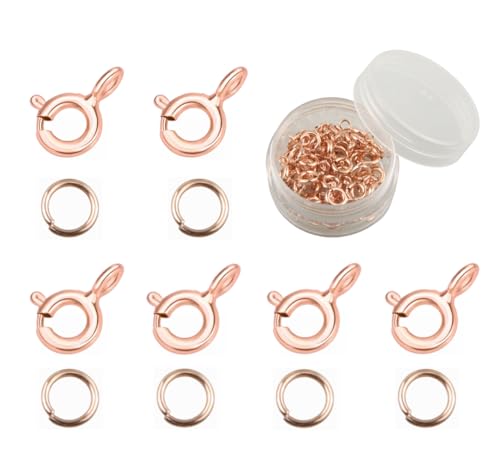 MAHAVIMOKSA 1 Box mit 50 echten beschichteten offenen Federring-Verschlüssen und 100 offene Binderinge für Bastelarbeiten, Schmuckherstellung (Roségold) von MAHAVIMOKSA