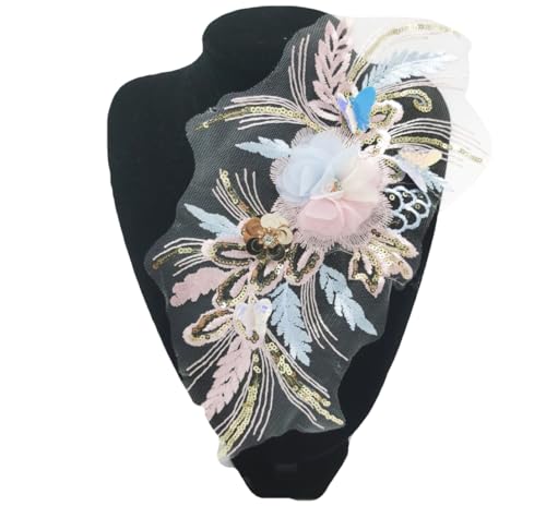 MAHAVIMOKSA 2 x 3D-Blumen-Stickerei-Aufnäher, Spitzenapplikation mit Pailletten, zum Basteln, Nähen, Kleidung, Hochzeitskleider, Dekoration (hellblau und rosa) von MAHAVIMOKSA