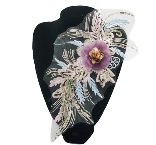 MAHAVIMOKSA 2 x 3D-Blumen-Stickerei-Aufnäher, Spitzenapplikation mit Pailletten, zum Basteln, Nähen, Kleidung, Hochzeitskleider, Dekoration (lila) von MAHAVIMOKSA