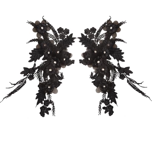 MAHAVIMOKSA 2 x 3D-Blumen-Stickerei-Aufnäher, Spitzenapplikation mit Strasssteinen für DIY, Nähen, Kleidung, Hochzeit, Dressing, Dekoration (schwarz) von MAHAVIMOKSA