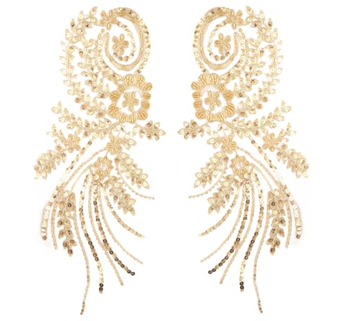 MAHAVIMOKSA 2 x Blumen-Stickerei-Aufnäher, Spitzenapplikation mit Perlen-Pailletten, zum Basteln, Nähen, Kleidung, Hochzeitskleider, Dekoration (Gold) von MAHAVIMOKSA