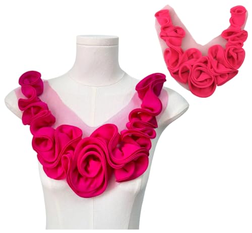 MAHAVIMOKSA 3D-Blumen-Spitzenkragen, Chiffon-Ausschnitt-Applikation zum Selbermachen, Nähen, Kleid, Kleidung, Dekoration, Fuchsia von MAHAVIMOKSA