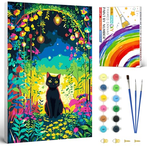 MAIAOWEI Malen nach Zahlen Erwachsene mit Rahmen and Farbige Box,Paint by Numbers schwarze Katze mit 3 Pinsel und Acrylfarbe,20x30cm knitterfreie Leinwand,Als Heimdekoration und Geschenk erhältlich von MAIAOWEI