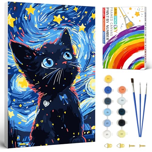 Malen nach Zahlen Erwachsene Katze,Sternennacht Malen nach Zahlen Anfänger,DIY Handgemalt Ölmalerei mit Rahmen und Box,knitterfreie leinwand mit Acrylfarbe & 3 Pinsel für die Dekoration(20x30 cm) von MAIAOWEI