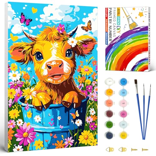 Malen nach Zahlen Erwachsene Kuh,Malen nach Zahlen mit Rahmen und Box,Tiere DIY Handgemalt Ölmalerei Set mit 3 Pinsel und Acrylfarbe,knitterfreie leinwand Kit für Geschenke und Dekorationen(20x30 cm) Malen nach Zahlen Erwachsene Kuh,Malen nach Zahlen mit Rahmen und Box,Tiere DIY Handgemalt Ölmalerei Set mit 3 Pinsel und Acrylfarbe,knitterfreie leinwand Kit für Geschenke und Dekorationen(20x30 cm) von MAIAOWEI