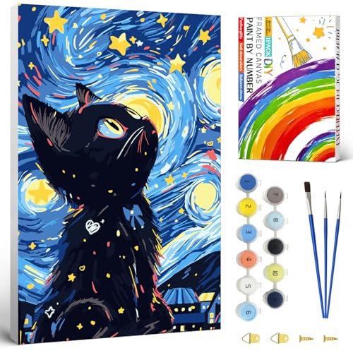 Malen nach Zahlen Katze,Paint by Numbers Adult mit 3 Pinsel und Acrylfarbe,Malen nach Zahlen Erwachsene Klein knitterfreie Leinwand 20x30 cm,Als Geschenk und Dekoration(Rahmen & Geschenkbox) von MAIAOWEI