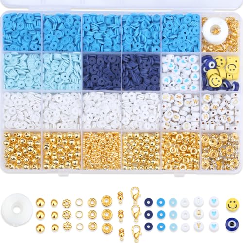 MAIBAOTA Blaues Tonperlen-Set zur Herstellung von Armbändern, blaue Perlen zur Schmuckherstellung, Freundschaftsarmband, Heishi-Perlen-Set für Bastelarbeiten, mit Charms, Buchstaben, Goldperlen von MAIBAOTA