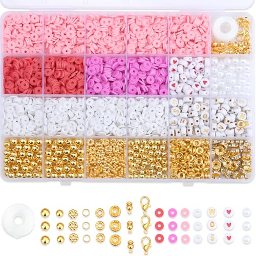 MAIBAOTA Rote Tonperlen-Set zur Herstellung von Armbändern, rote Perlen zur Schmuckherstellung, Freundschaftsarmband, Heishi-Perlen-Set für Bastelarbeiten, mit Charms, Buchstaben, Goldperlen von MAIBAOTA