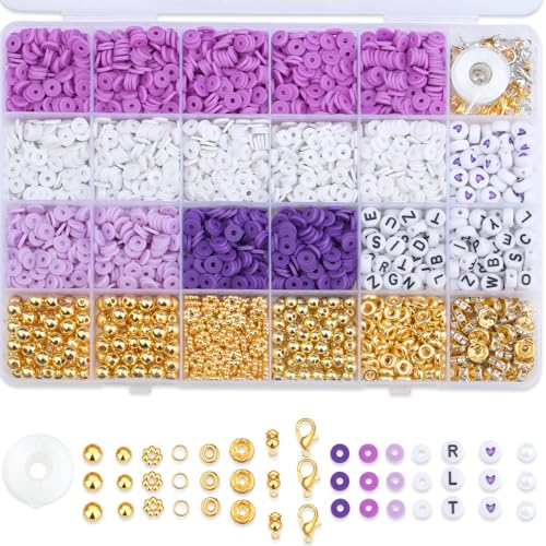 MAIBAOTA Violettes Tonperlen-Set zur Herstellung von Armbändern, violette Perlen zur Schmuckherstellung, Freundschaftsarmband, Heishi-Perlen-Set für Bastelarbeiten (mit Charms, Buchstaben, Goldperlen von MAIBAOTA