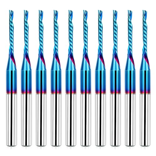 CNC-Fräser-Bits, 0,3 cm Schaft, 0,3 cm (1/16 Zoll) Schnittdurchmesser, O-Nut, Downcut Spiralfräser, Schaftfräser, 10 Stück, 1/8 Zoll Hartmetall, CNC-Bits, blau beschichtet, Einzelrillen-Spiral-Bits von MAIHOMETA
