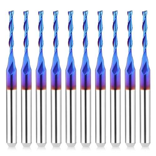 Upcut CNC-Fräser-Bits, 0,3 cm Schaft, 0,3 cm (1/16 Zoll) Schnittdurchmesser, Spiralfräser, 10 Stück, zwei Rillen, Hartmetall-Schaftfräser mit Beschichtung, 1/8-Zoll-Spiral-Bit, Flachnase, CNC-Bits von MAIHOMETA