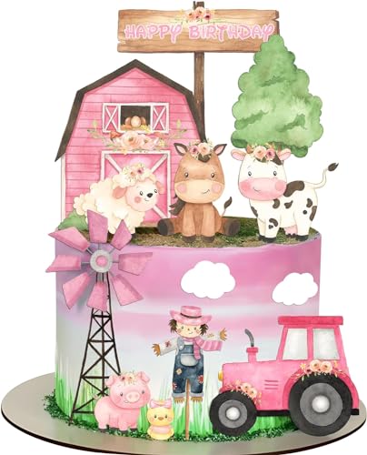 Kuchendekoration mit Bauernhoftieren,Bauernhof Party Herzstücksticks,Farm Tier Cupcake Verpackung und Topper für Bauernhof Thema Party für Kinder Geburtstag Baby Shower (Rosa) von MAIROX