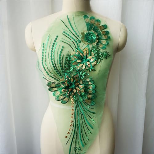 Grüne 3D-Blume Spitze Stoff Pailletten Quaste bestickt Kleid Applikationen Kragen Mesh Nähen Patch für Hochzeit Dekoration Kleid DIY von MAIYO