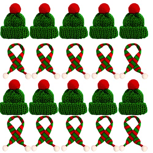 MAJOYLIFE 20 Stück Mini Weihnachtsmütze und Schal Set, Strickmütze des Weihnachten (Grün-10 Sets) von MAJOYLIFE