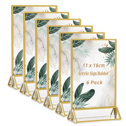 MAJOYLIFE Goldener Doppelseitiger Bilderrahmen 6 Stück,A6 Acryl-Tischnummern Hochzeit Gold,Klare Doppelseitige Tischkartenhalter für Tischplan/Fotos Display/Restaurant/Cafe(10x15cm) von MAJOYLIFE