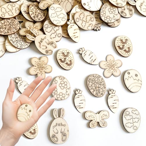 MAJSHDIO 100 Stück Streudeko Ostern Holz ，Tischdeko Ostern Deko Holz Konfetti，Ostern Geschenke Basteln, Ostern DIY Supplies, Ostern Deko，DIY Handwerk Zubehör, Hase und Ei Designs, Naturholz. von MAJSHDIO