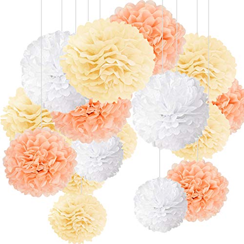 15er Set Pompoms Deko Bunt Seidenpapier Pompons für Hochzeit, Geburtstag, Party Champagner Weiß (3pcs*30.5cm/6pcs*25cm/6pcs*15.5cm) von MAKFORT