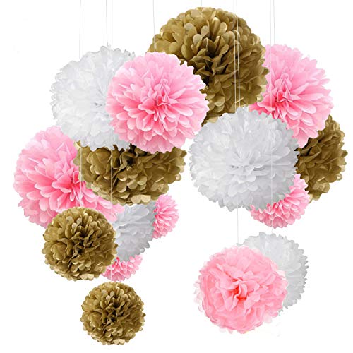 15er Set Pompoms Deko Bunt Seidenpapier Pompons für Hochzeit, Geburtstag, Party Gold Rosa Weiß 15er Set Pompoms Deko Bunt Seidenpapier Pompons für Hochzeit, Geburtstag, Party Gold Rosa Weiß von MAKFORT