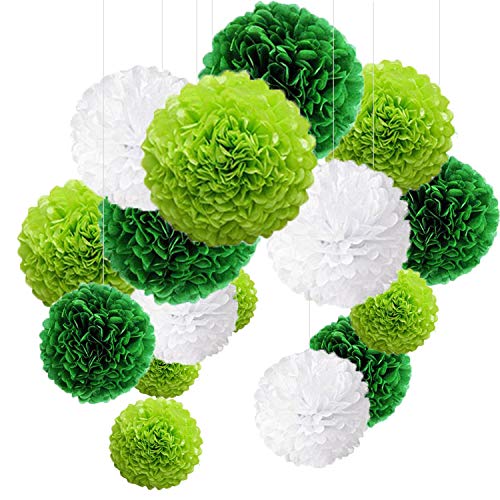 15er Set Pompoms Deko Bunt Seidenpapier Pompons für Hochzeit, Geburtstag, Party Grün Flach Grün Weiß (3pcs*30.5cm/6pcs*25cm/6pcs*15.5cm) von MAKFORT