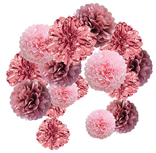 MAKFORT 15 Stück bunte Pompons aus Seidenpapier für Hochzeit Geburtstag Party (Roségold) von MAKFORT