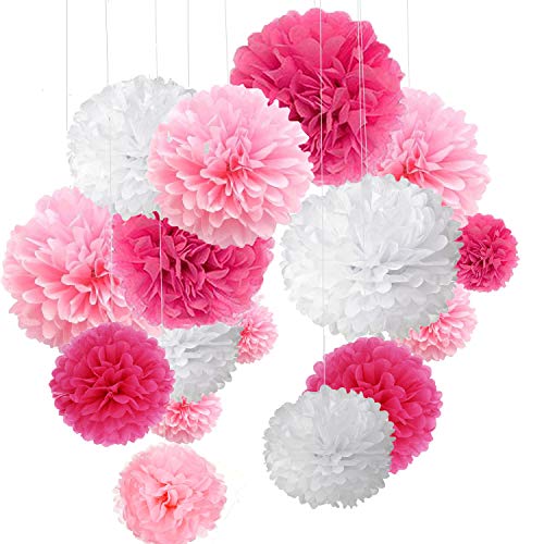 15er Set Pompoms Deko Bunt Seidenpapier Pompons für Hochzeit, Geburtstag, Party Rot Rosa Weiß (3pcs*30.5cm/6pcs*25cm/6pcs*15.5cm) von MAKFORT