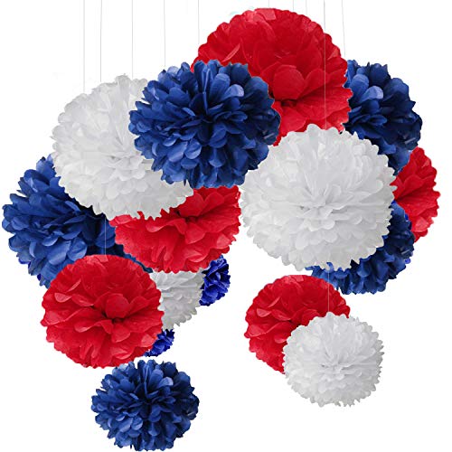 MAKFORT 15er Set Pompoms Deko Bunt Seidenpapier Pompons für Hochzeit, Geburtstag, Party Blau Rot Weiß (3pcs*30.5cm/6pcs*25cm/6pcs*15.5cm) von MAKFORT