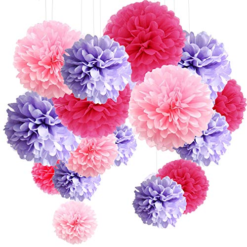 15er Set Pompoms Deko Bunt Seidenpapier Pompons für Hochzeit, Geburtstag, Party Lila Rosa Rot (3pcs*30.5cm/6pcs*25cm/6pcs*15.5cm) von MAKFORT