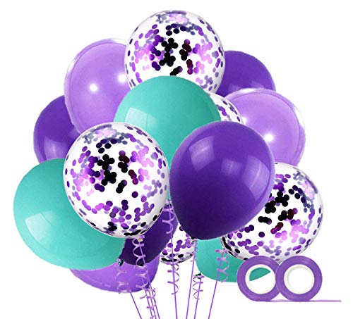 60 Stück Violett und Blauesgrün Luftballons mit Konfetti Ballons Lila und 2XLuftschlangen Helium Ballons für Hochzeit Geburstagsdeko Mädchen Meerjungfrau Party Babyparty Dekoration von MAKFORT