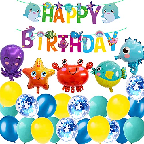 MAKFORT Dekoration für Partys, Geburtstag, Ozean, Meerestiere, Luftballons, Dekoration, mit Banner, Happy Birthday, Latex-Luftballons für Kinder von MAKFORT