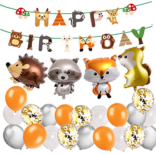 Tiere, Geburtstag, Dekoration für Kinder, Woodland, Happy Birthday, Banner aus Latex mit Blatt, Tier-Ballon, für Jungen und Mädchen von MAKFORT