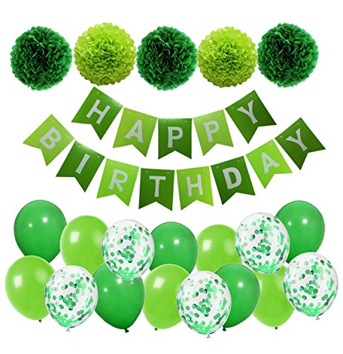 MAKFORT Geburtstagsdeko Grün Happy Birthday Girlande mit Pompoms und Luftballons Grün Konfetti Luftballons für Geburtstag Partydeko von MAKFORT
