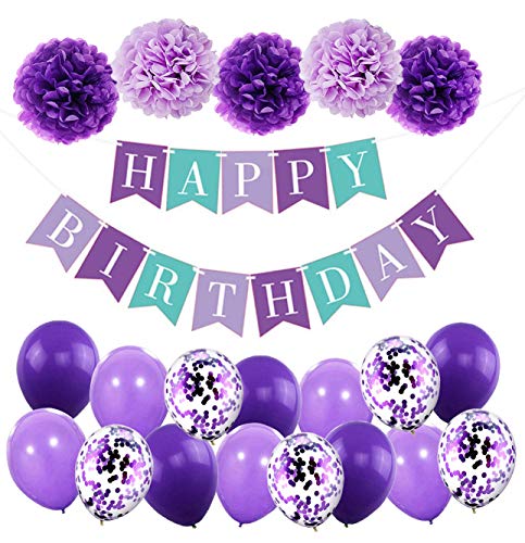 Geburtstagsdeko Mädchen Violett Happy Birthday Girlande mit Pompoms und Luftballons Violett Konfetti Luftballons für Geburtstag Partydeko Mädchen und Junge von MAKFORT