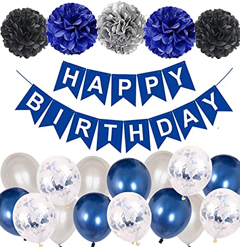 Geburtstagsdeko Marineblau Happy Birthday Girlande mit Pompoms und Nachtblau Luftballons SilberKonfetti Luftballons für Geburtstag Partydeko Mädchen und Junge von MAKFORT