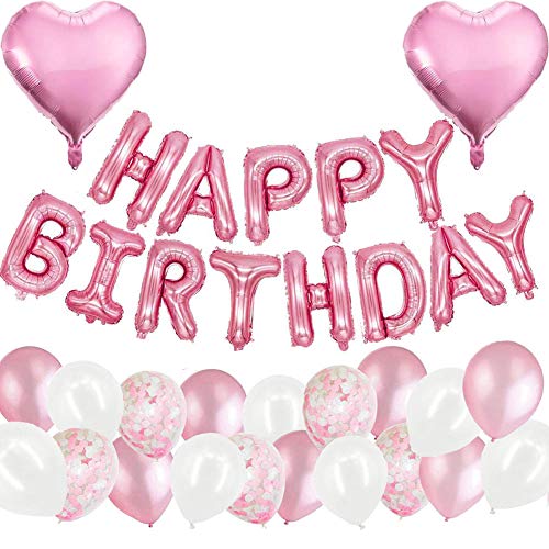 MAKFORT Geburtstagsdeko Rosa Happy Birthday Folienballons Girlande mit Konfetti Luftballons Rosa Für Geburtstag Partydeko Mädchen und Frauen von MAKFORT