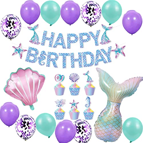 MAKFORT Meerjungfrau Geburtstag Deko Mädchen Folienballons Meerjungfrau Happy Birthday Girlande Luftballons für Meerjungfrau Partyzubehör von MAKFORT