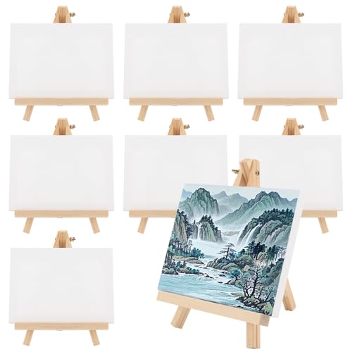 MAKTSAM 8 Sets Mini-Leinwand und Staffelei, 15 x 20 cm, kleine Kunstleinwand mit 18 x 24 cm Holzstaffeleien, Tisch-Display-Staffelei, gespannte leere Leinwand zum Zeichnen, Malen, Hochzeitsdekoration von MAKTSAM