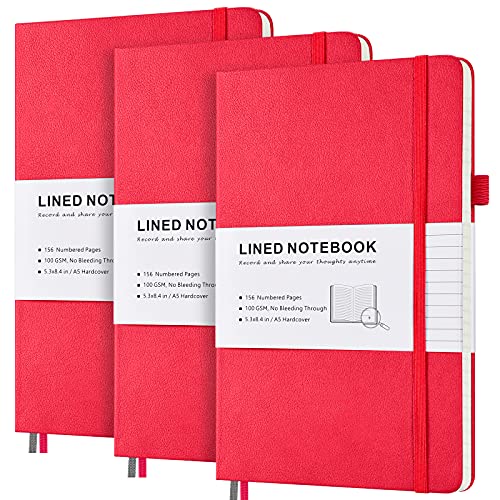 3er-Pack Liniertes Notizbuch, Hardcover-Notizbuch mit nummerierten Seiten und Indexinhalt, 2 Innentaschen, 2 Lesezeichen Rib 100 GSM dickes Papier A5 Gefüttertes Notizheft (Rot) von MALEDEN
