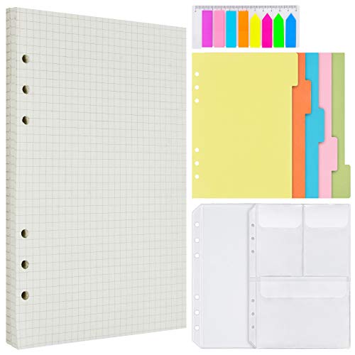 A5 Papier Karierte Nachfüllpapier Set, 6 Löcher Nachfüllbare Notizpapier, 160 Rasterseiten, 5 Stücke Farbige Trennblätter, 160 Stücke Haftnotizen Bunt, 2 Stücke Umschlägbeutel für Notizbuch von MALEDEN